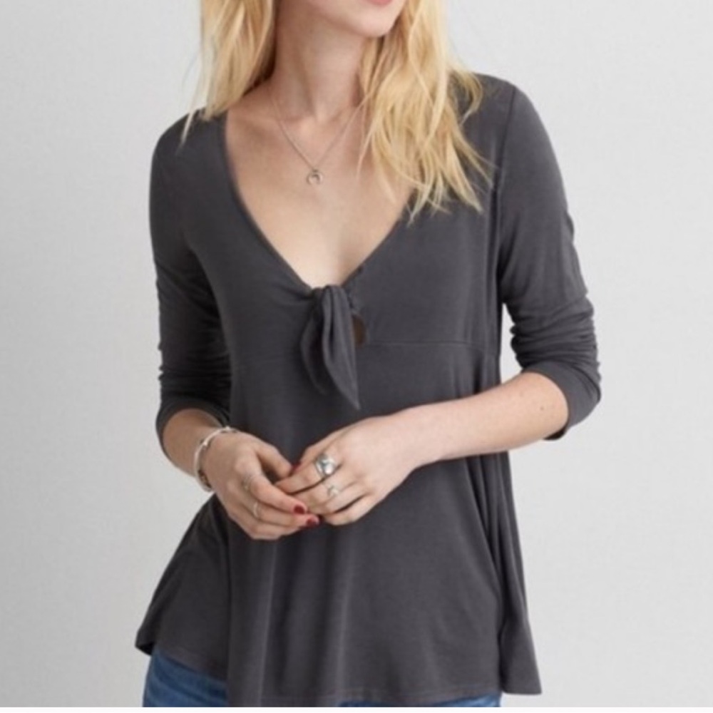 American Eagle Outfitters Charcoal tie front top